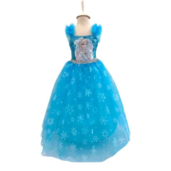 elsa kostümü kız çocuk mavi tüllü tarlatanlı prenses elbisesi kar tanesi desenli ön görünüm