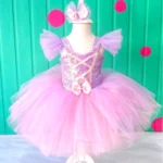 rapunzel elbisesi kısa model kız çocuk prenses kostümü pembe tütü ön görünüm