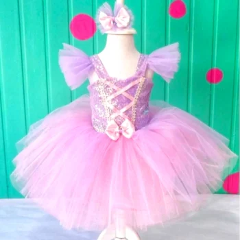 rapunzel elbisesi kısa model kız çocuk prenses kostümü pembe tütü ön görünüm