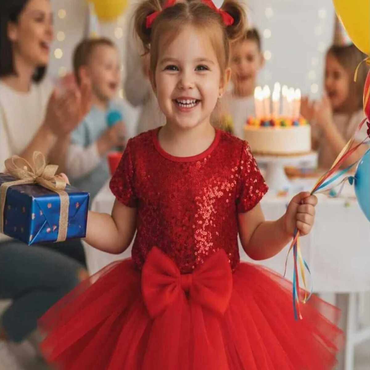 Kırmızı Tütü Doğum Günü Elbisesi Kırmızı payetli üstlü kız çocuk tütü elbise