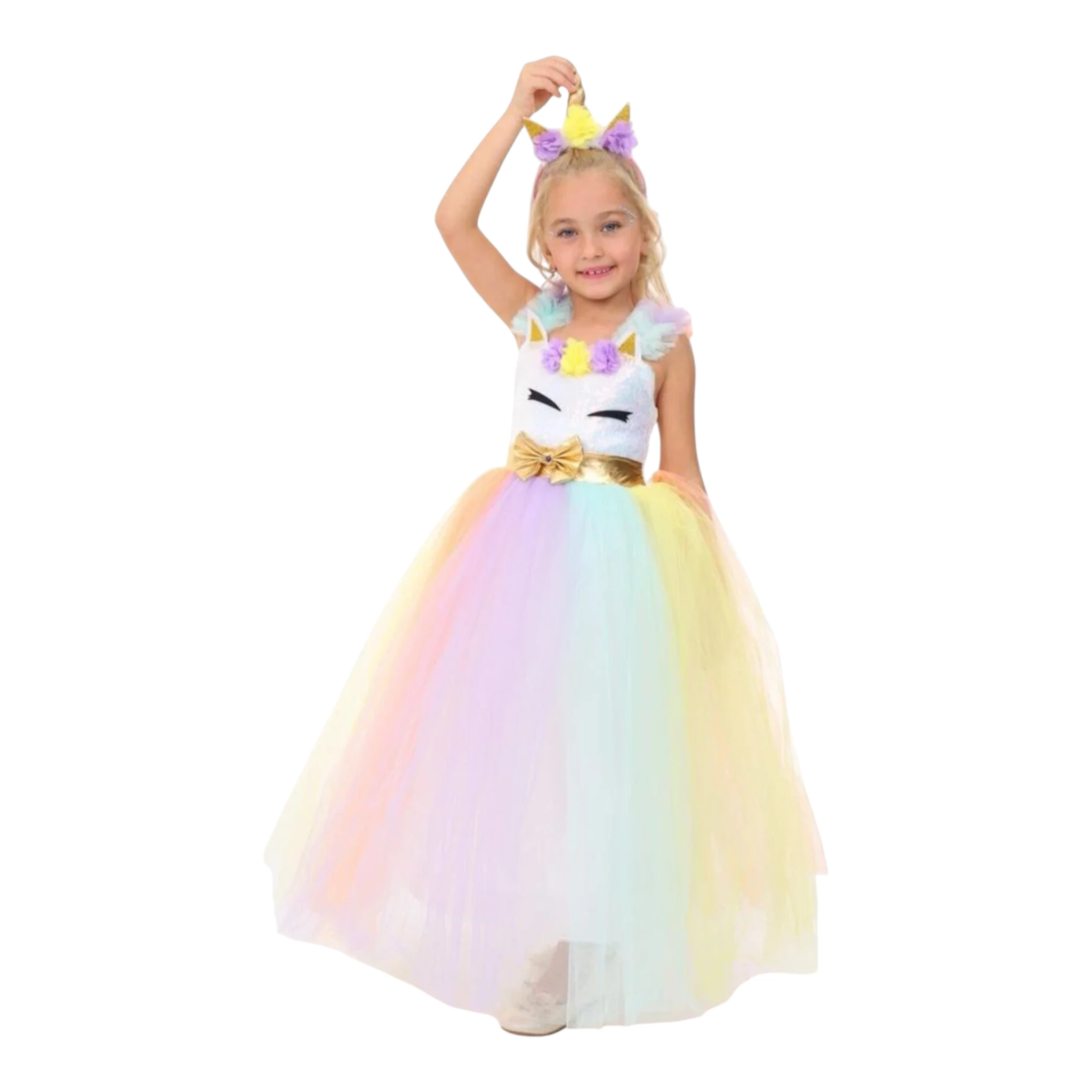 Unicorn Kostümü Kız Çocuk Ön Görünüm unicorn kostümü kız çocuk pembe tüllü prenses elbisesi payetli üst ön görünüm